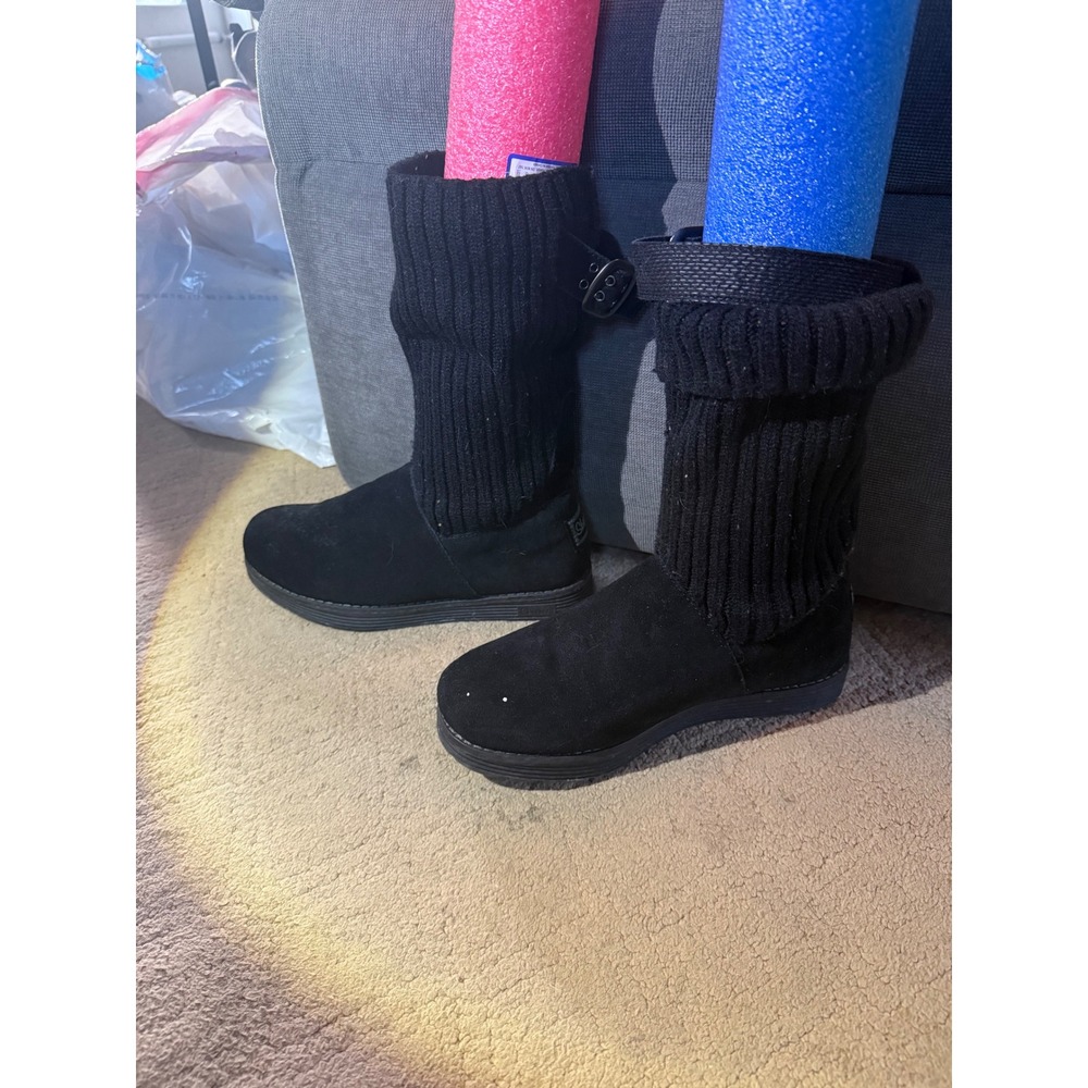 Skechers Knit Sweater Boots Womens Black Suede Mid Calf Buckle Strap Slouchy